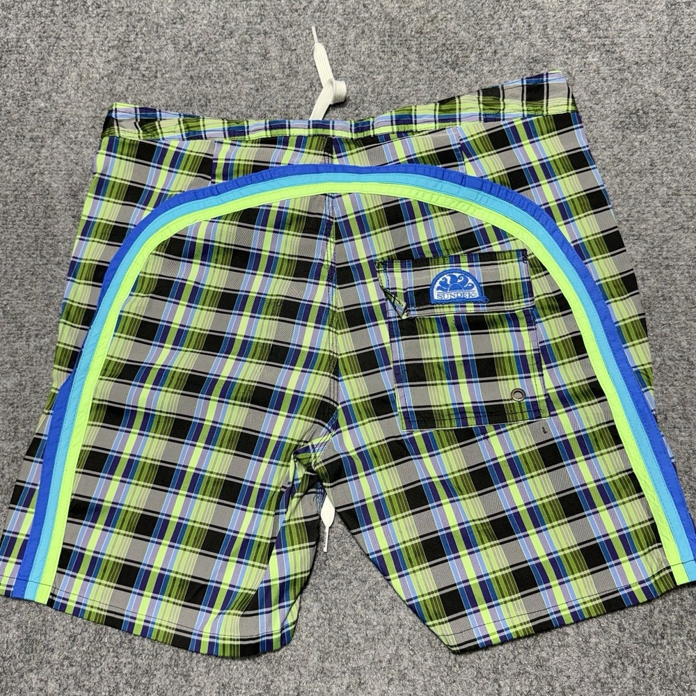 Sundek Swim Trunks 33 Blue Green Plaid Check Board Shorts Unlined Bathing Suit